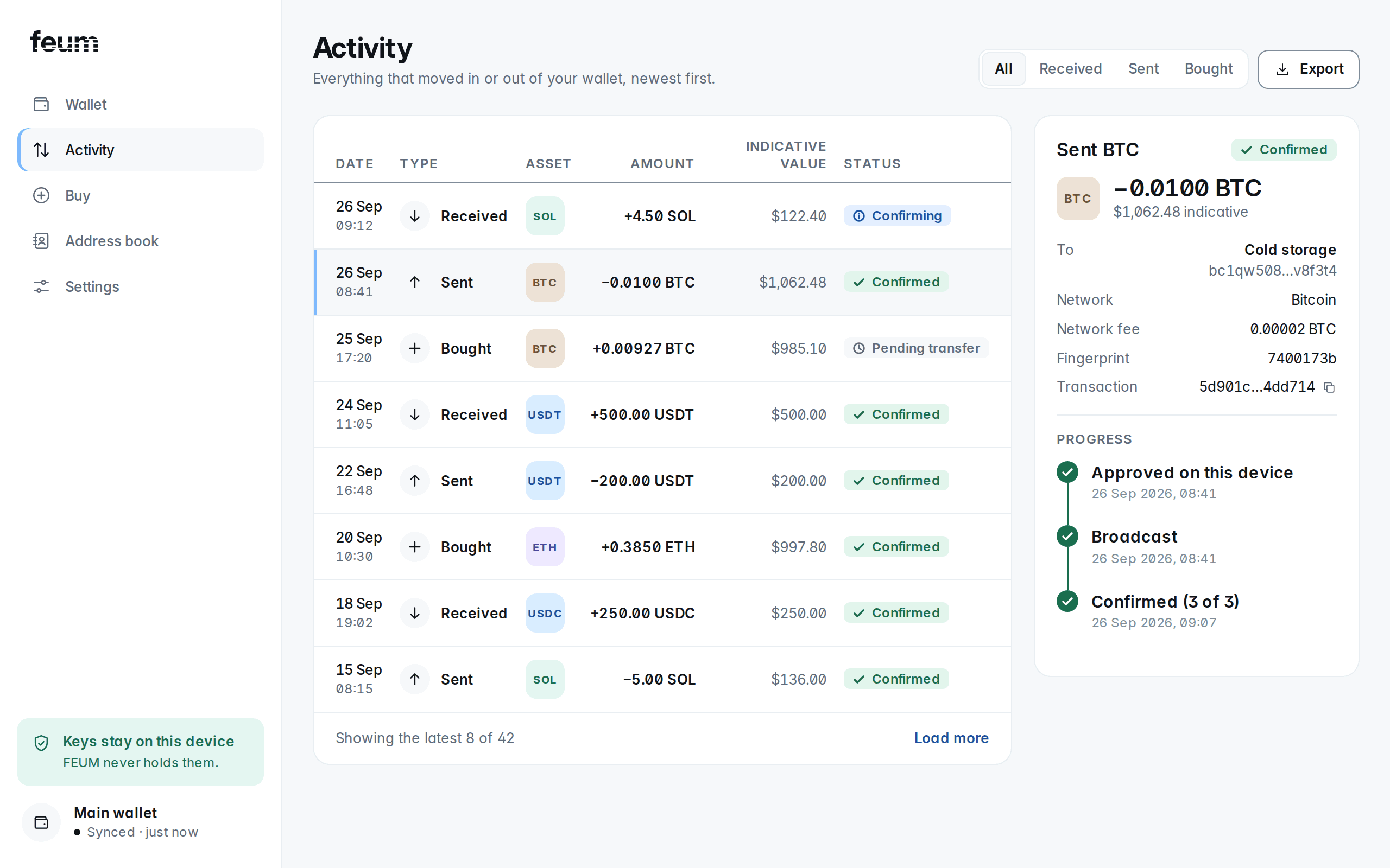 Activity on desktop: received, sent and bought entries with status, time and confirmations