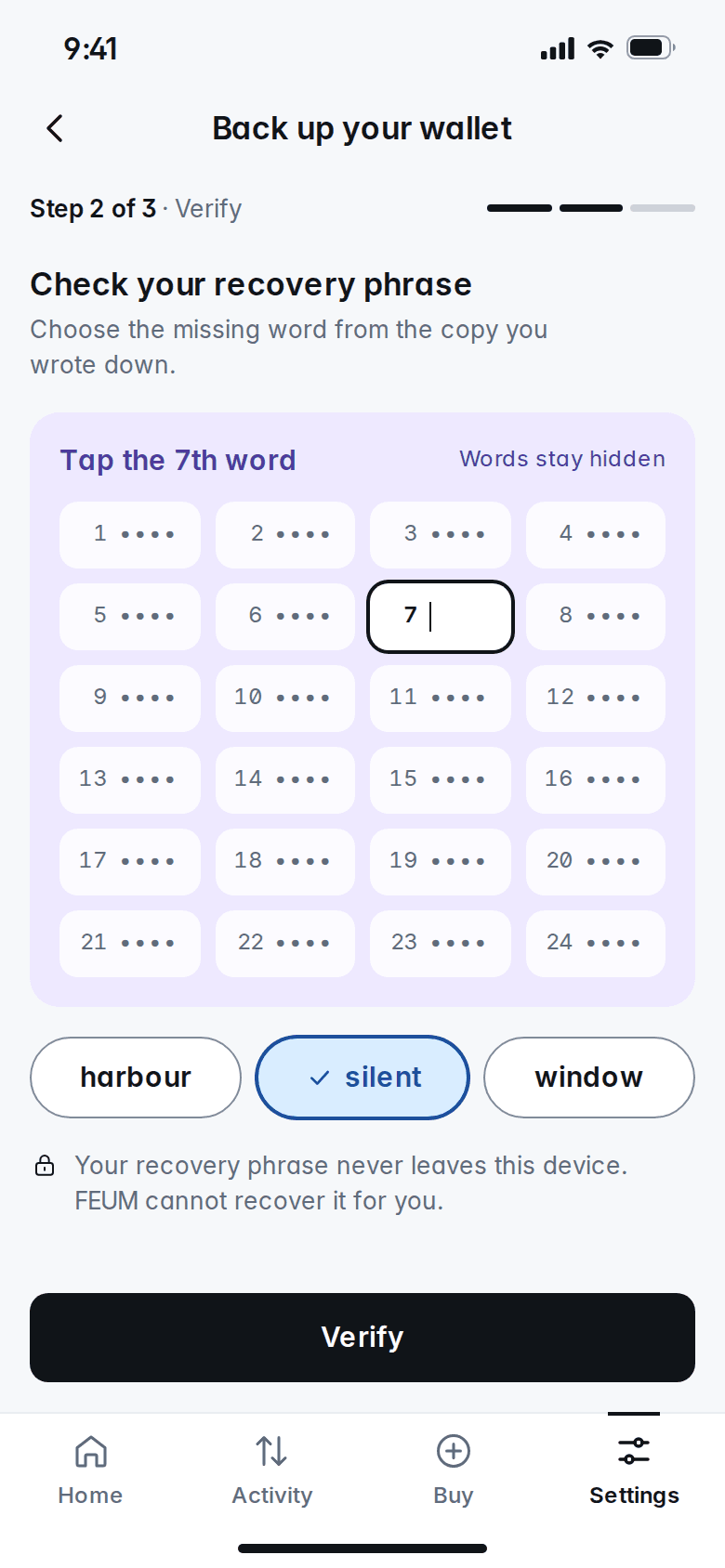 Back up your wallet: verifying the recovery phrase word by word