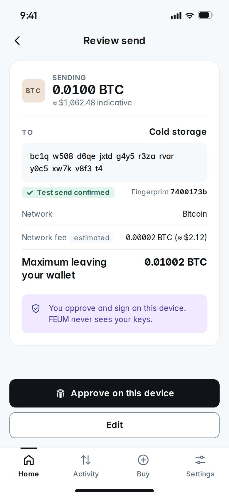 Review send screen showing amount, address, network, fee and the Approve on this device button
