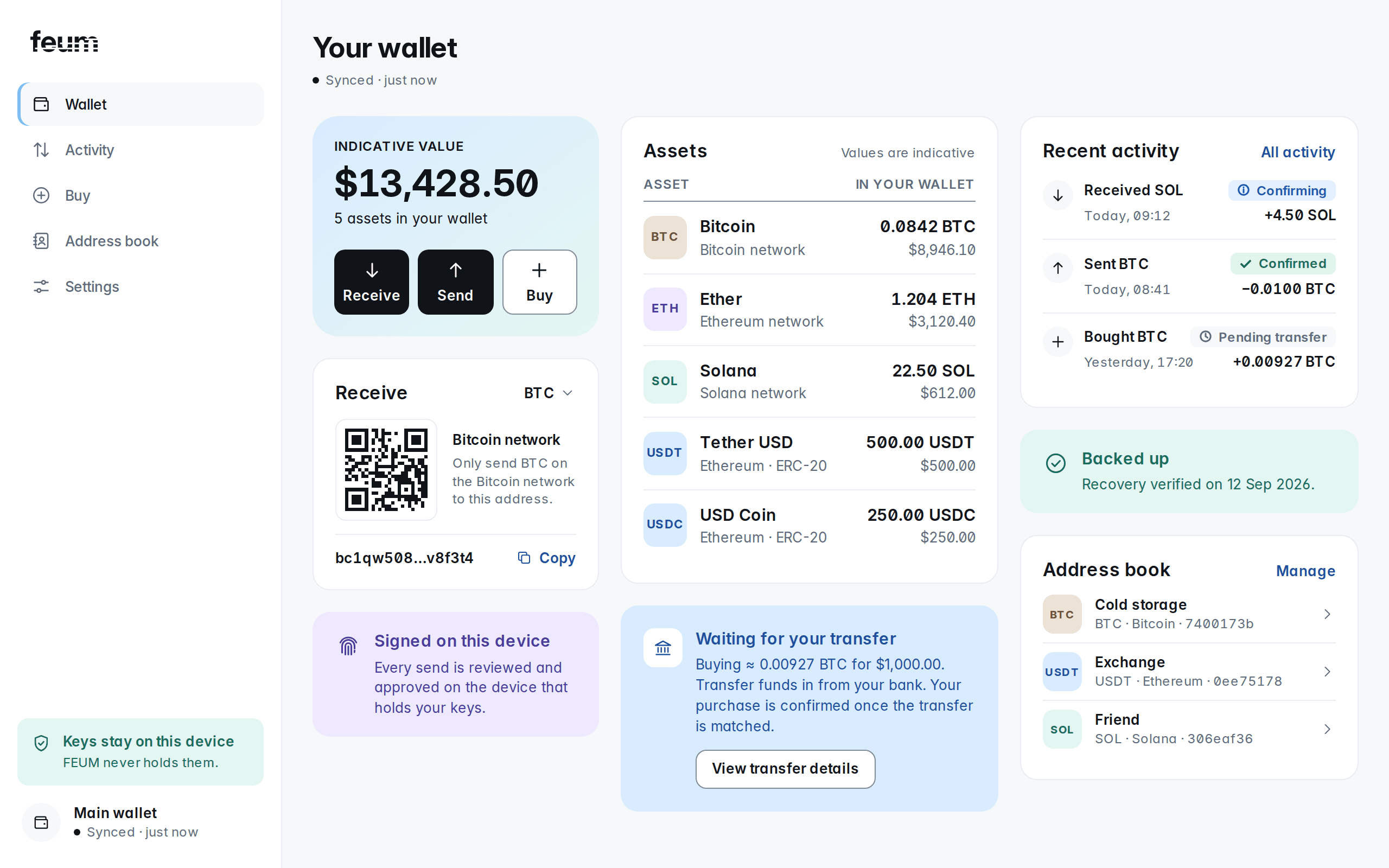 FEUM wallet on desktop: balances, assets and recent activity