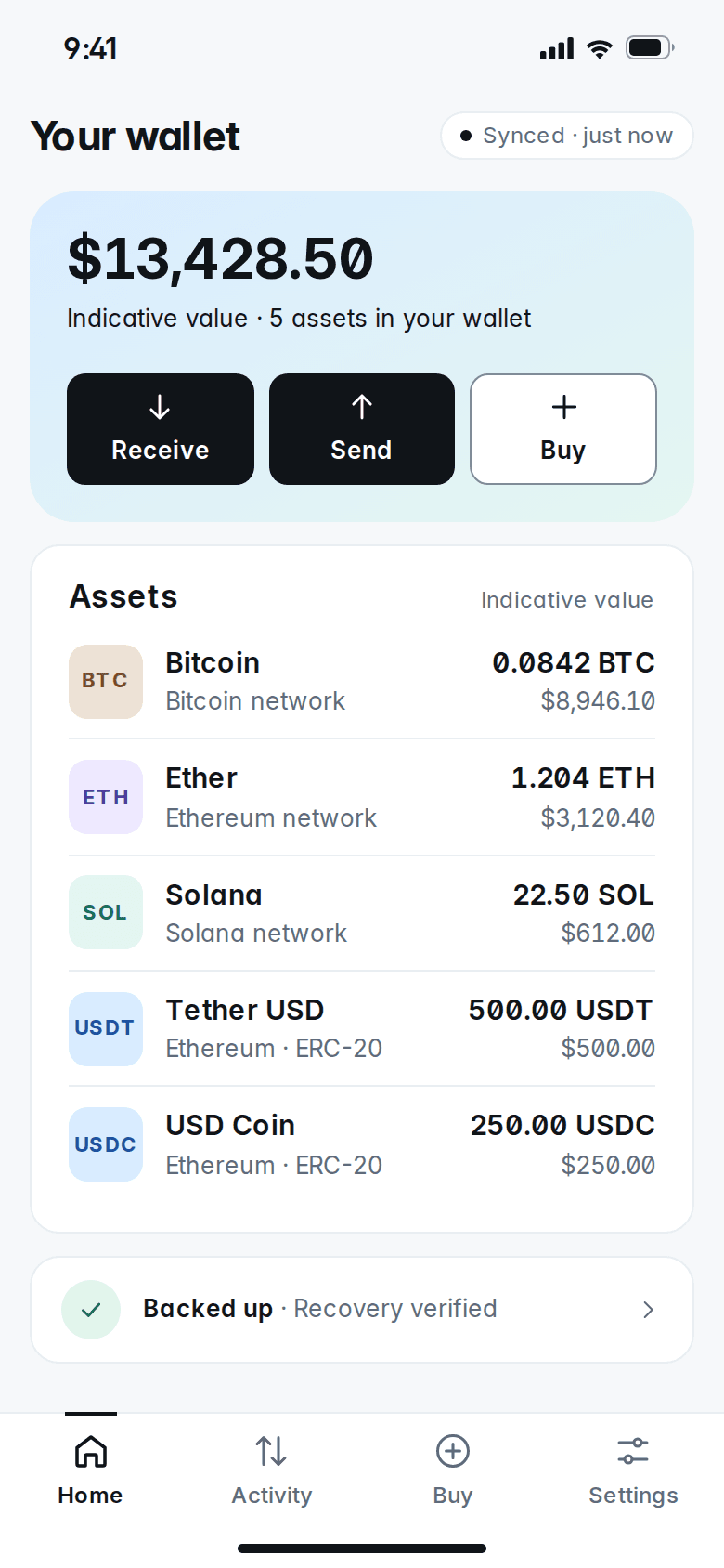 FEUM wallet home on a phone: total value, five assets, and Receive, Send and Buy actions